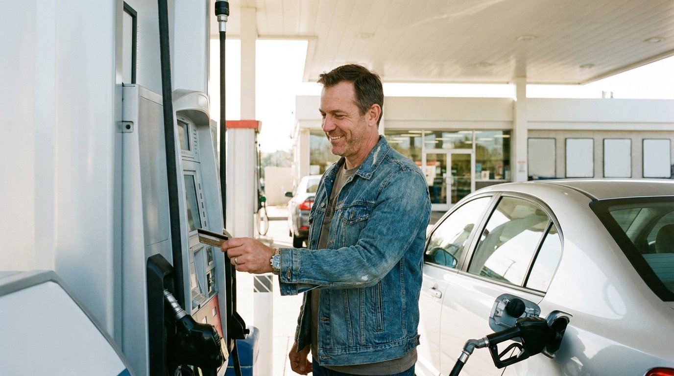 A driver paying at the dispenser on a filling-station forecourt.
