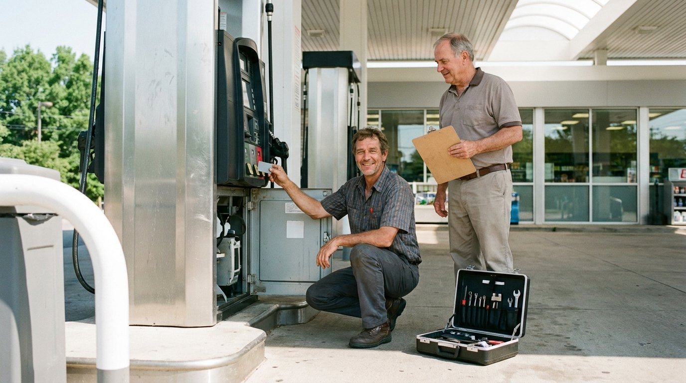 A technician running a test at a fuel dispenser while the station owner watches.