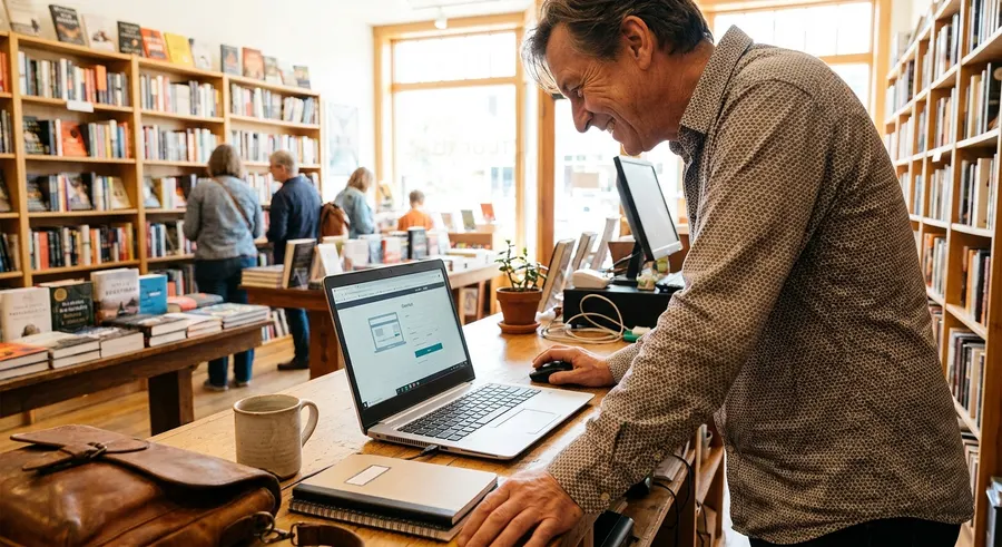 A shop owner checking online orders on a laptop.
