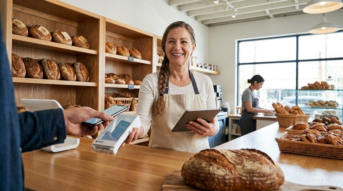 A baker holding a tablet as a customer taps a phone on a Clover Flex at the counter.
