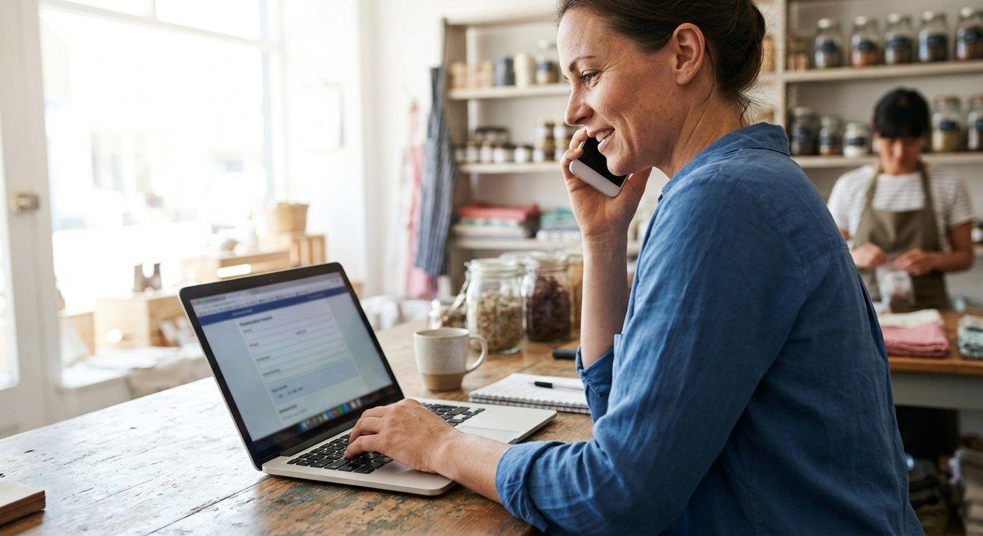 A shop assistant on the phone at a laptop, keying a payment into a form.