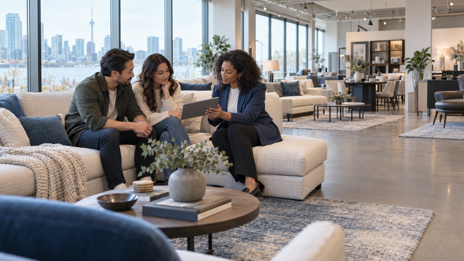 A couple choosing a sofa with a salesperson in a bright furniture showroom.
