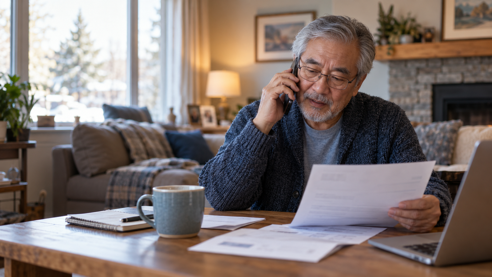 A man on the phone in his living room, reading a bill at his desk.