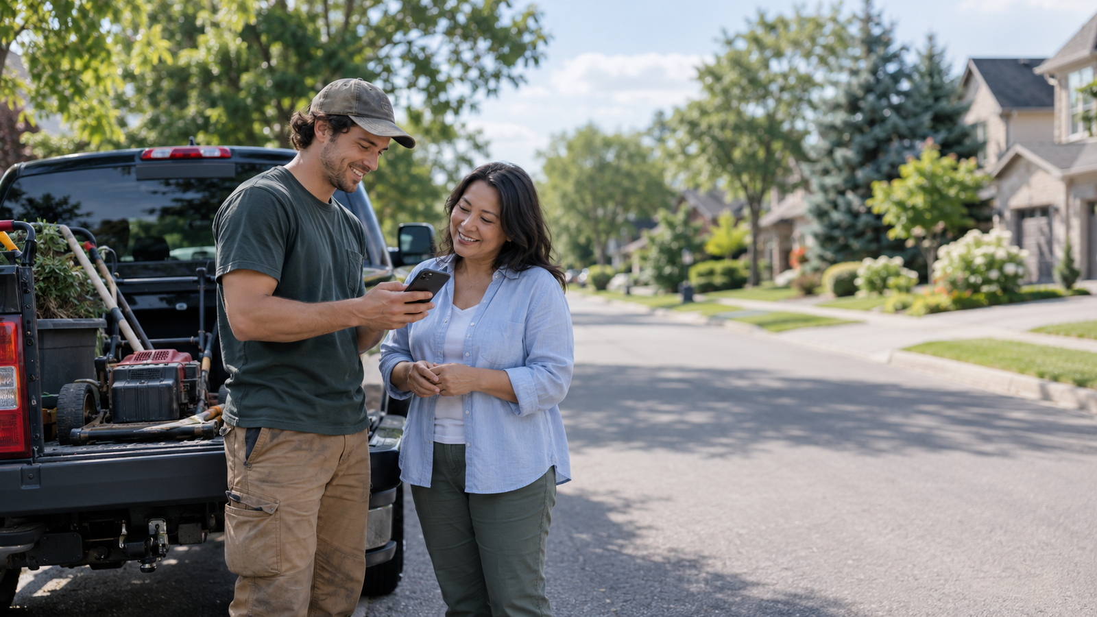 A tradesperson by his truck showing a customer a payment link on his phone.
