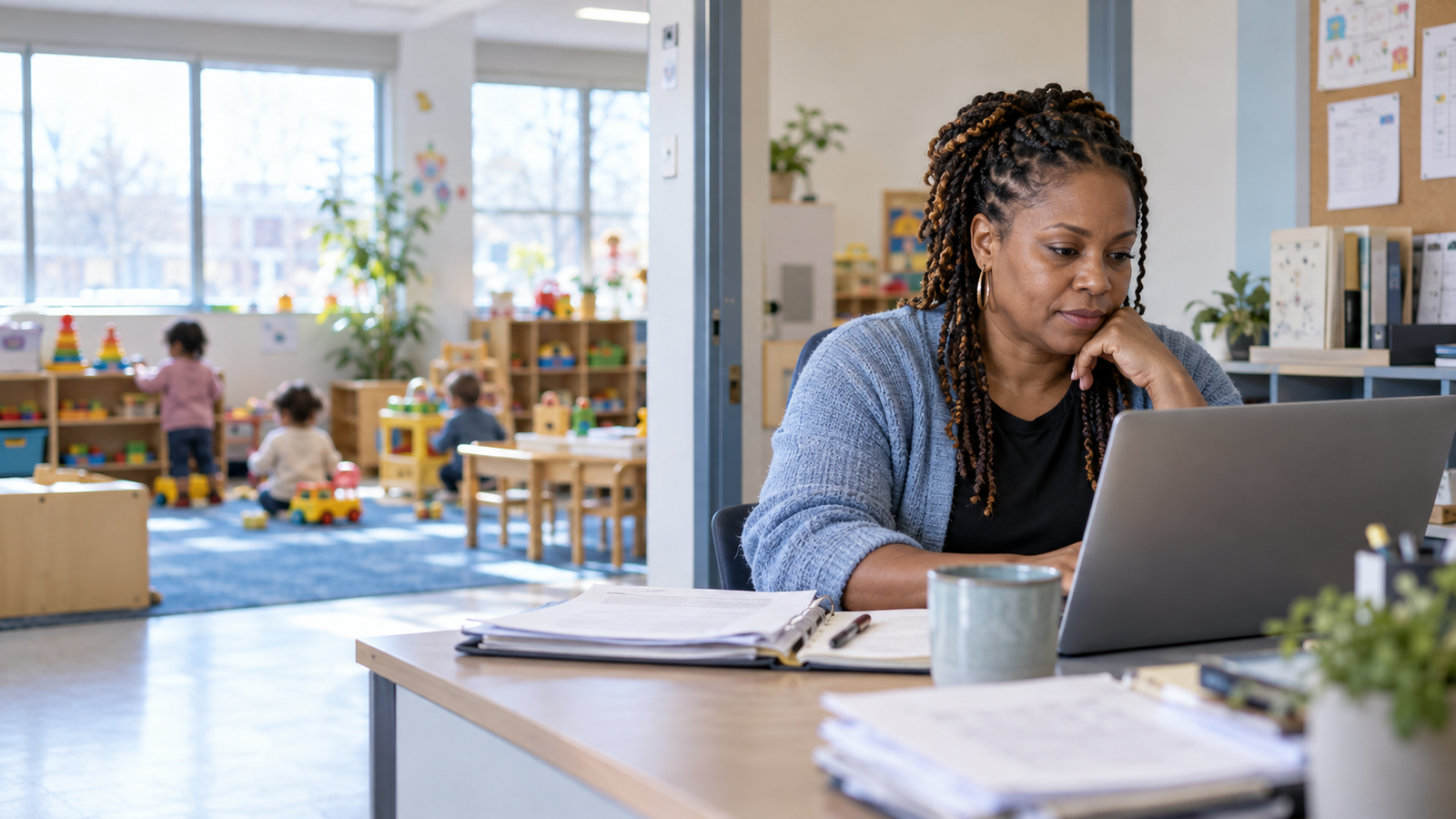 A childcare director at her desk, children playing in the bright room behind her.