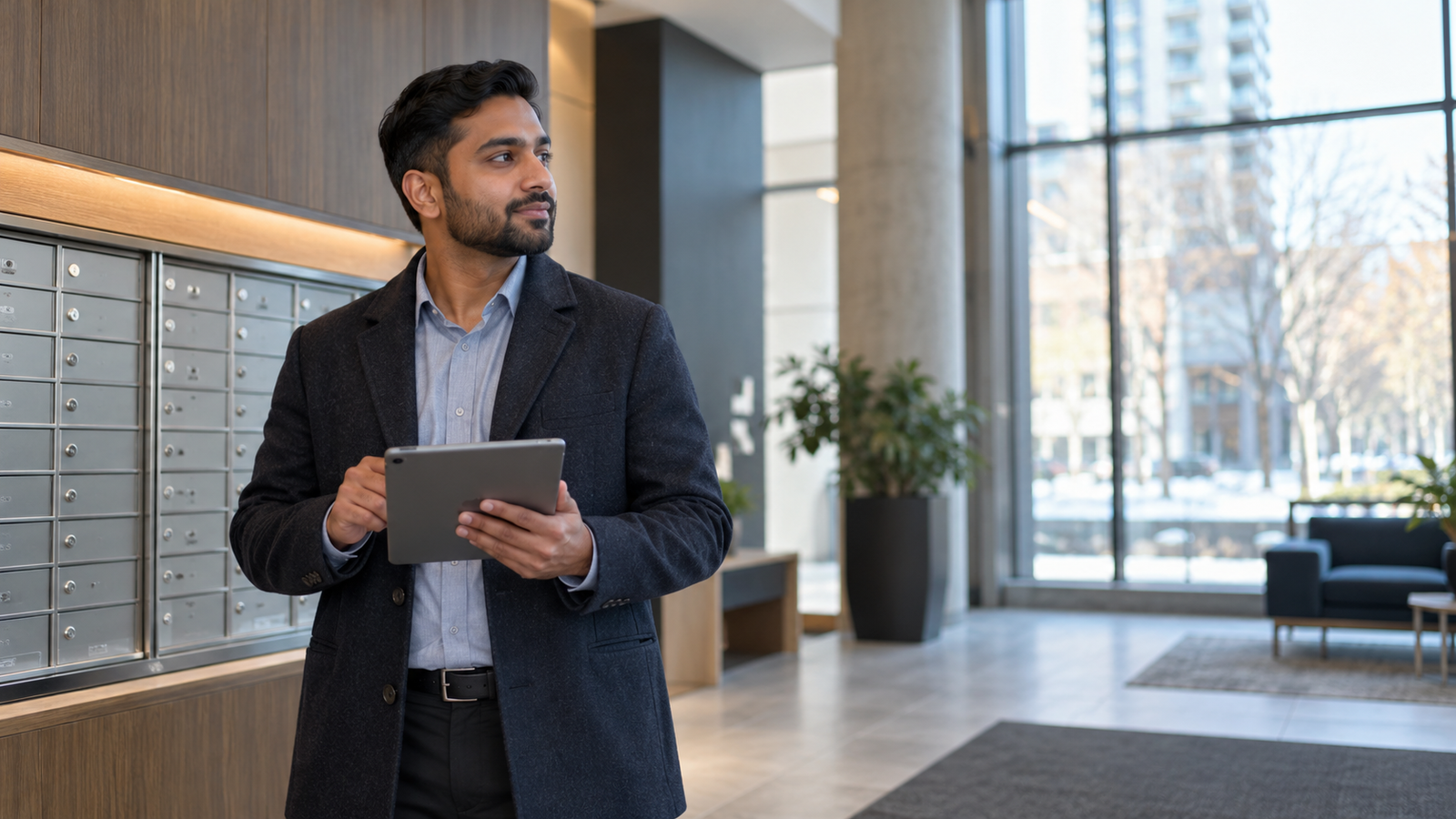 A property manager with a tablet in a building lobby, mailboxes behind him.