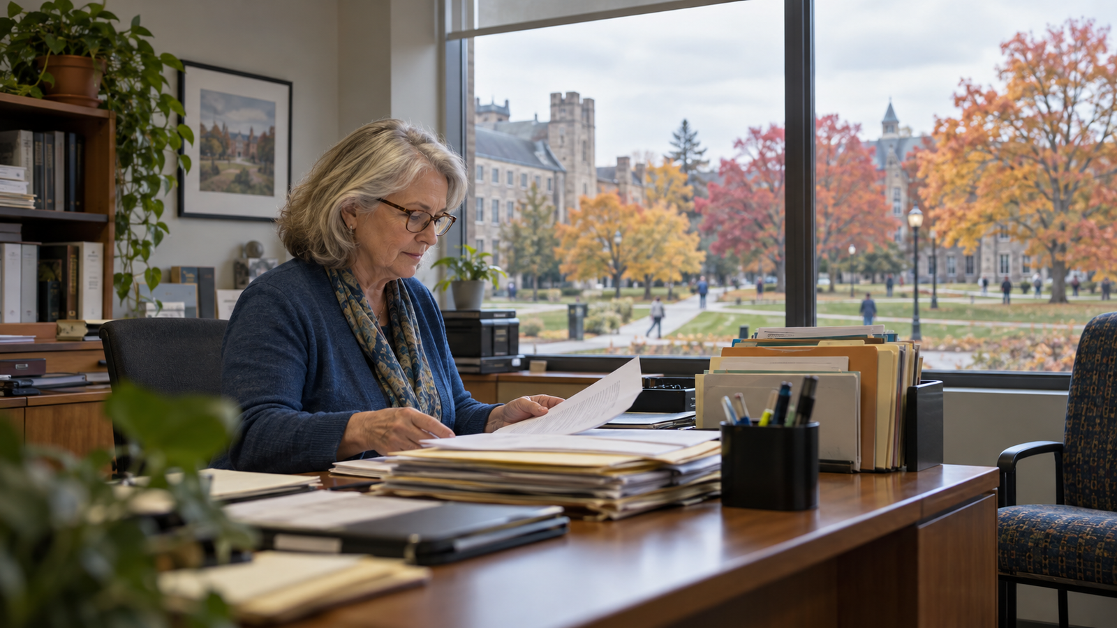 A college bursar reviewing files at her desk, autumn campus outside the window.