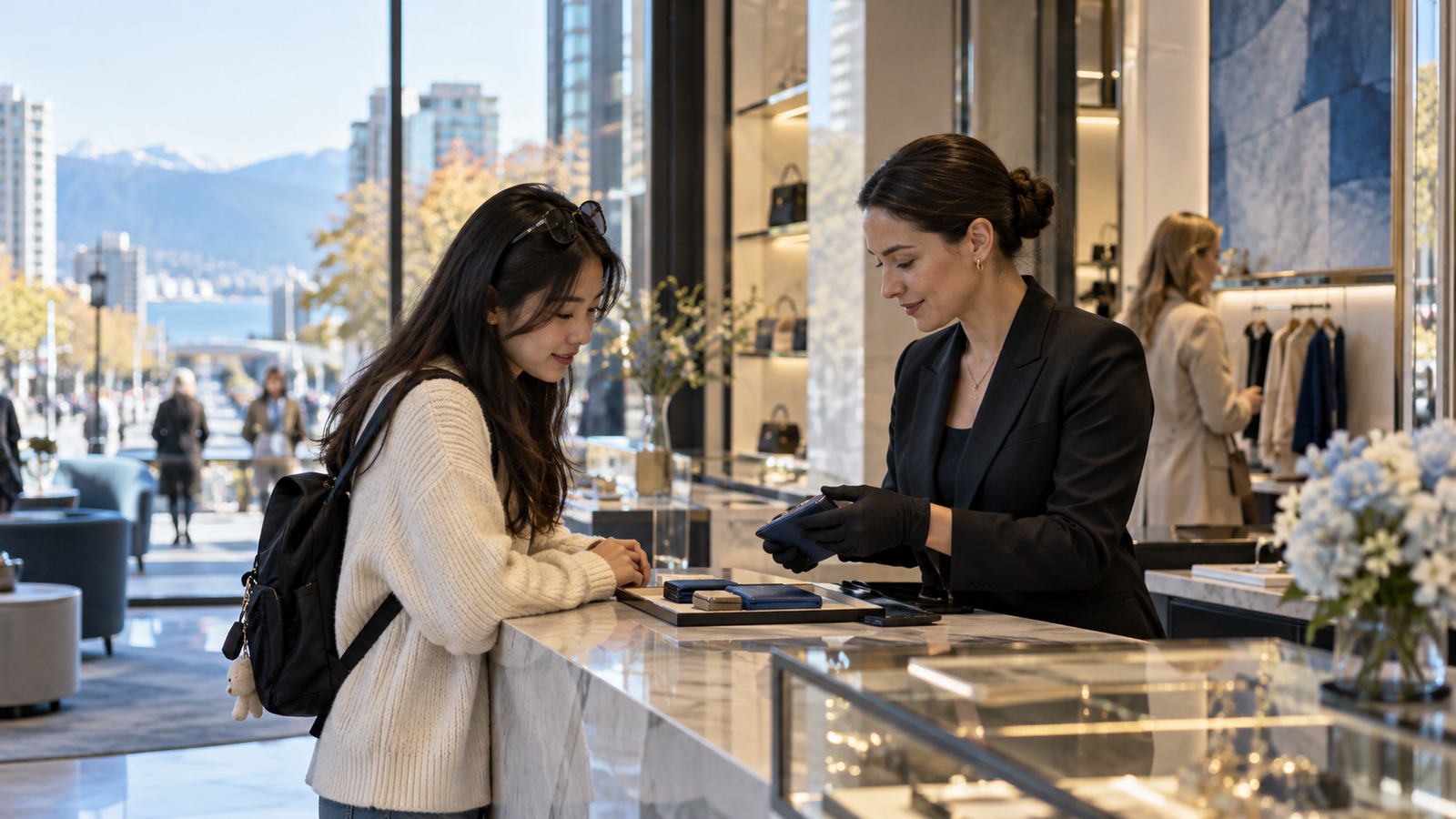 A visitor paying at a jewellery counter in a shop with a harbour view.