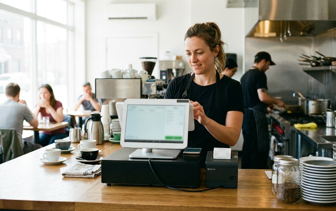 A restaurant billing setup connected to a sales recording module.