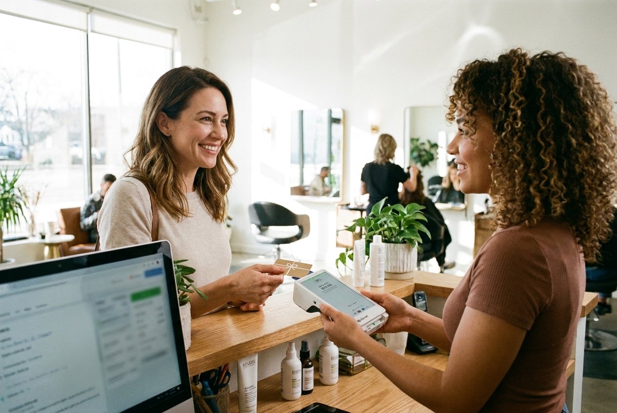 A gift card handed over at a salon reception desk.