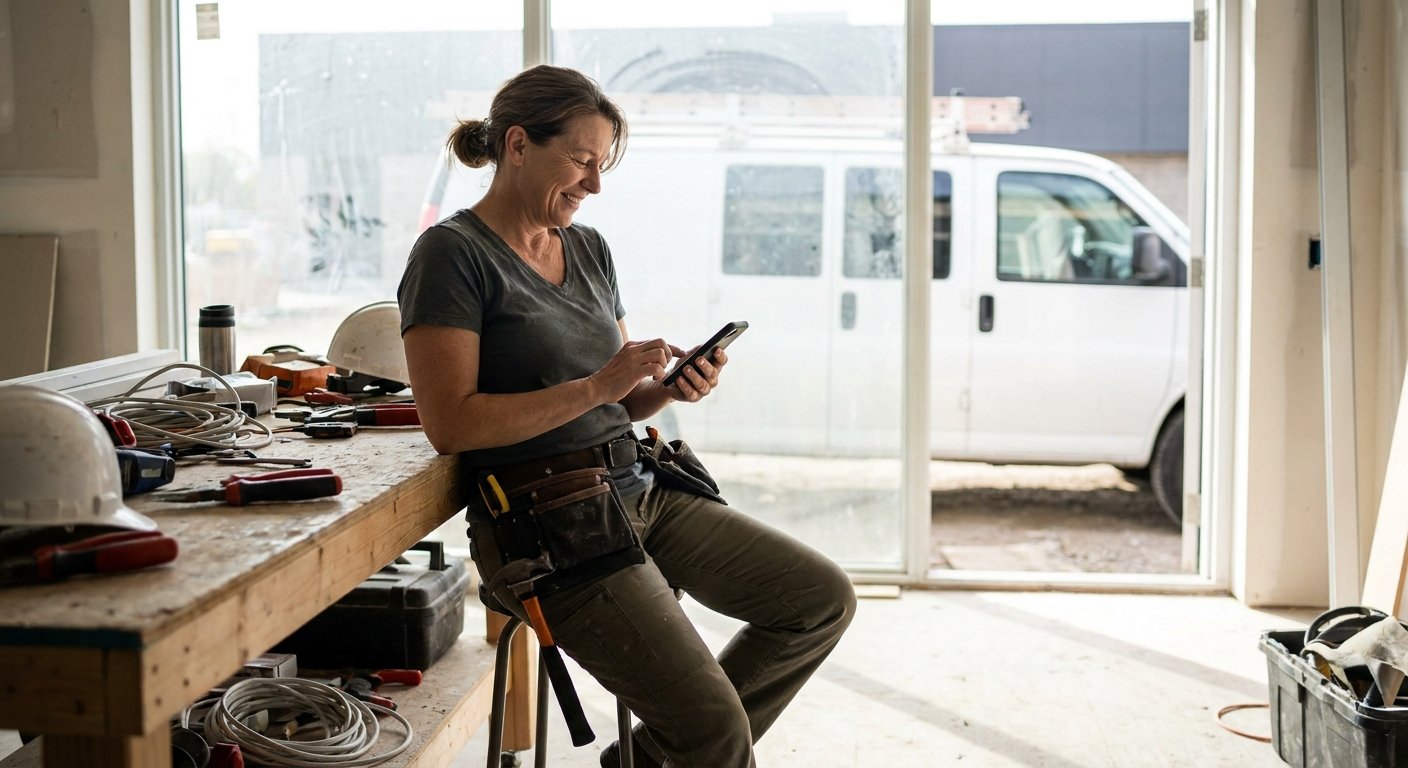 A contractor sending an invoice from a phone on site.