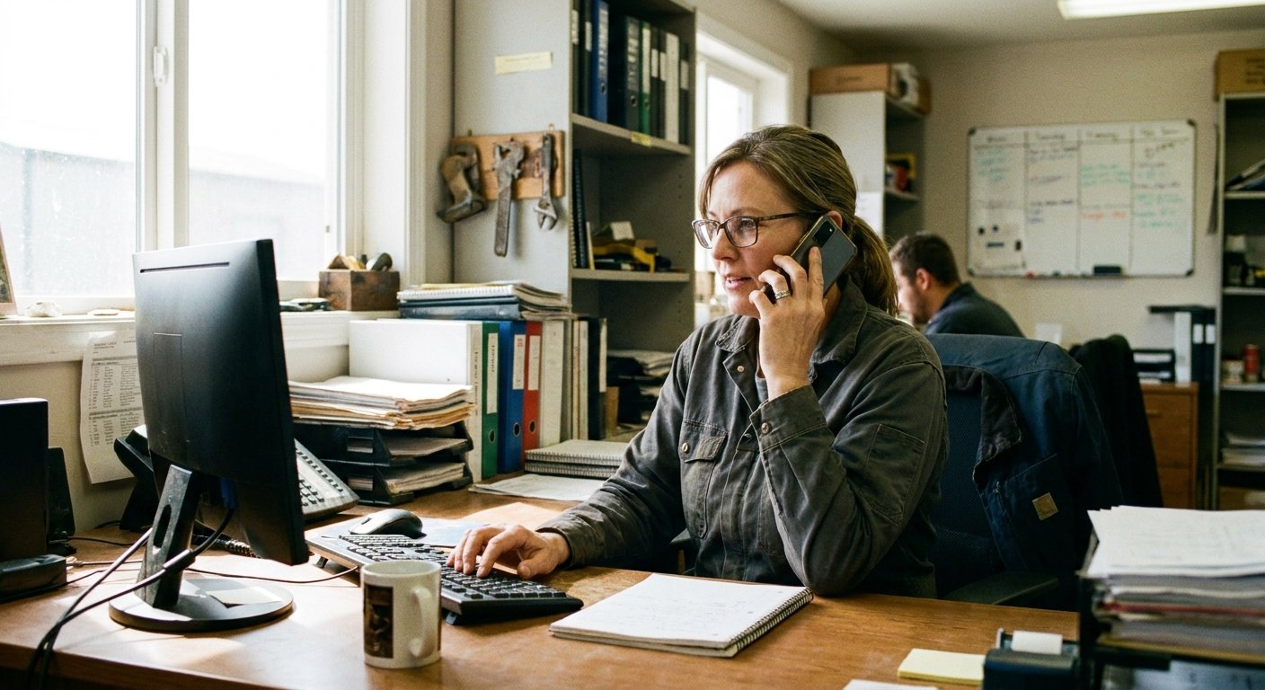 Office staff on the phone at a computer.