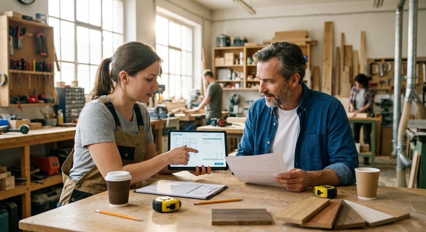 An estimate reviewed on a tablet with the customer.