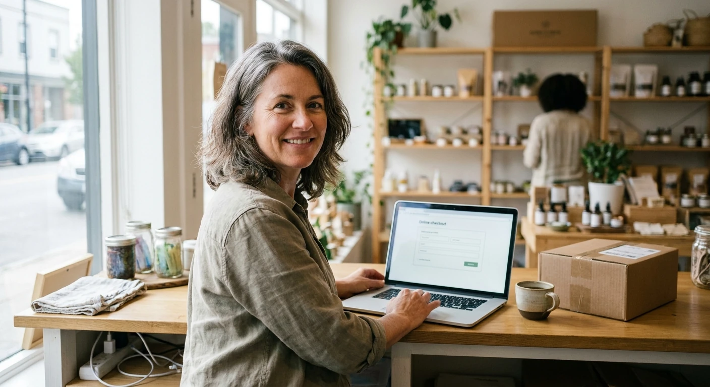 A shop owner at her laptop, running her online store.