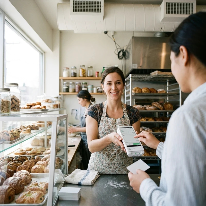 A customer paying with a phone at a counter.